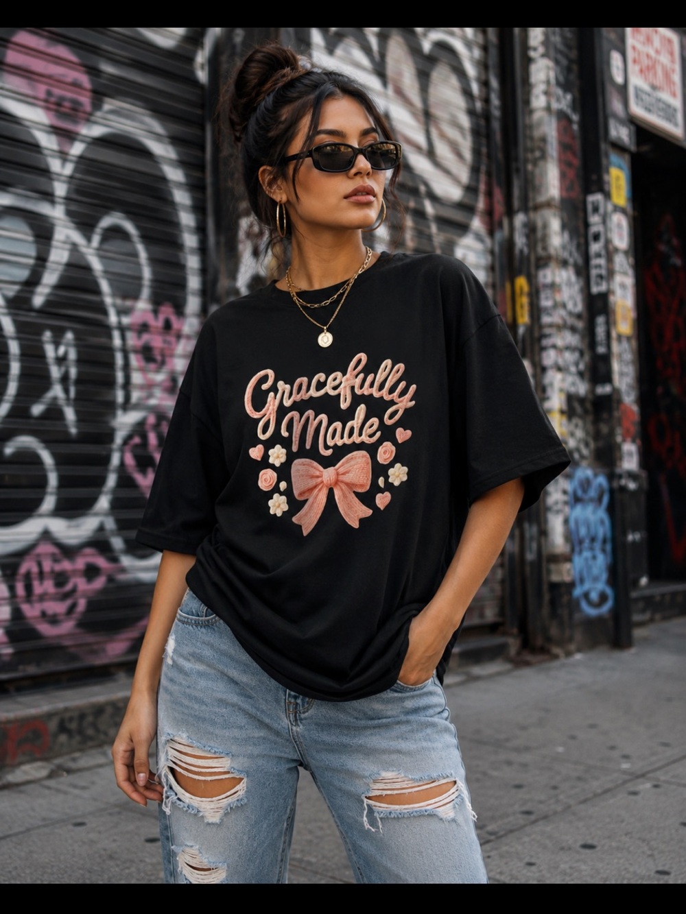 Gracefully Made Embroidered Graphic Tee - Black